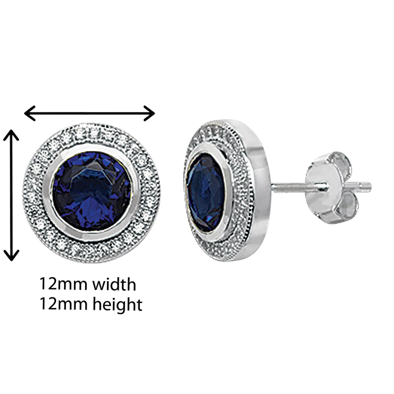 Sapphire Cubic Zirconia Round Stud Earrings - Hypoallergenic Sterling Silver Jewellery for Ladies