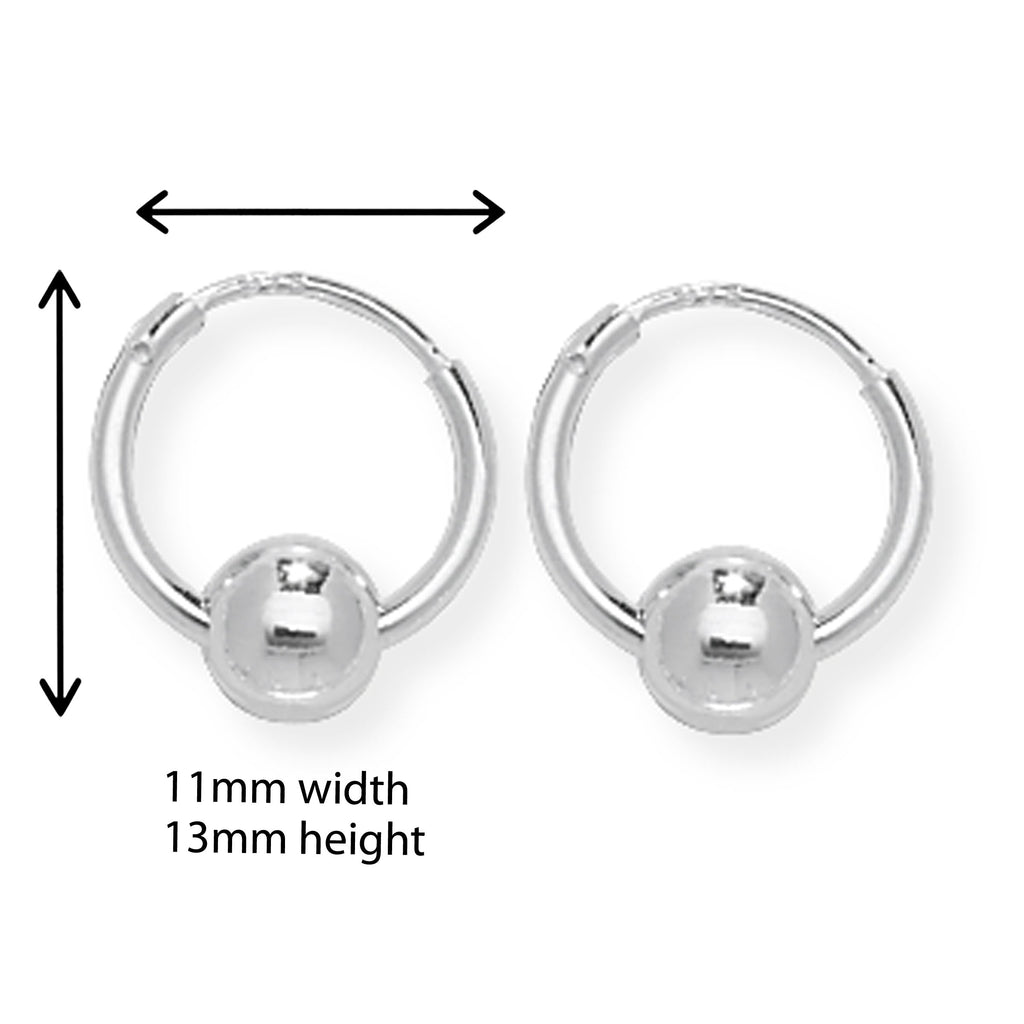 Silver Hoop Earrings with 3mm Ball Hinged Closure - Hypoallergenic Jewellery for Ladies by Aeon - 11mm