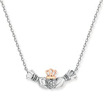 Sterling Silver Claddagh Necklace Set with Cubic Zirconia & Plated with Rose Gold. 925 Silver