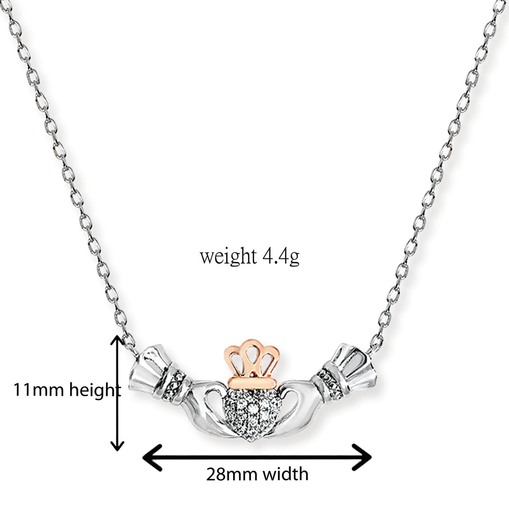 Sterling Silver Claddagh Necklace Set with Cubic Zirconia & Plated with Rose Gold. 925 Silver