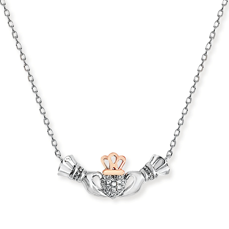 Sterling Silver Claddagh Necklace Set with Cubic Zirconia & Plated with Rose Gold. 925 Silver