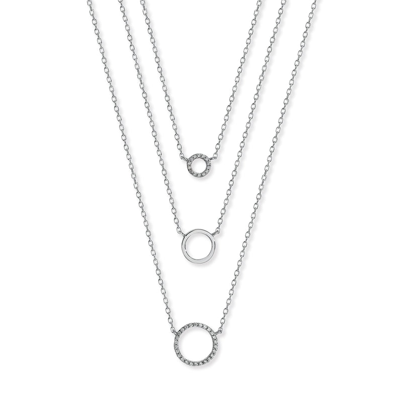 Sterling Silver Multi Layer 3 Circle Silver Necklace Set with Cubic Zirconias . Hypoallergenic Sterling Silver Jewellery by Aeon