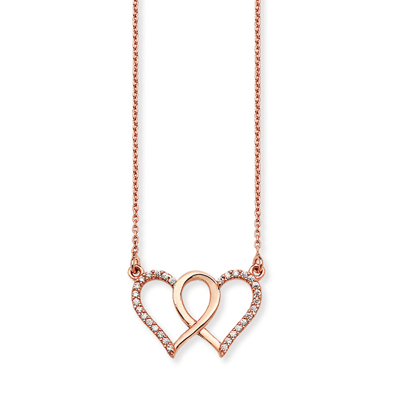 Sterling Silver Double Heart Interlinked Necklace With Rose Gold Plating. Hypoallergenic Sterling Silver Jewellery by Aeon