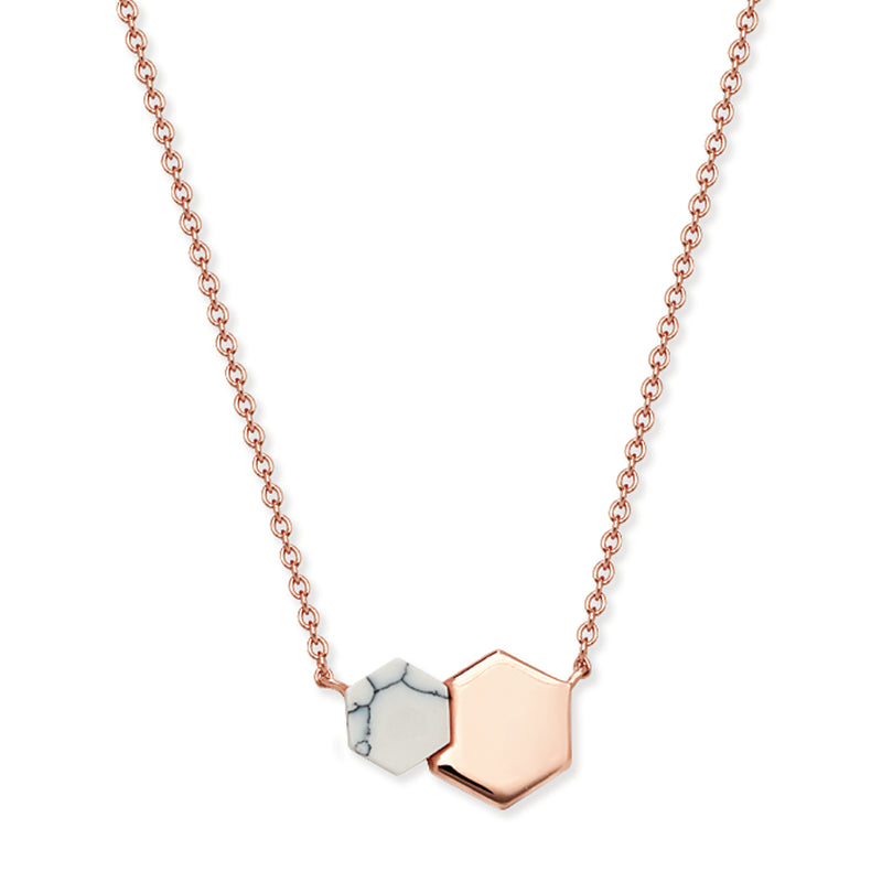 Sterling Silver With Rose Gold Plating Hexagonal Necklace Set with Marble Effect Shell. Hypoallergenic Sterling Silver Jewellery by Aeon