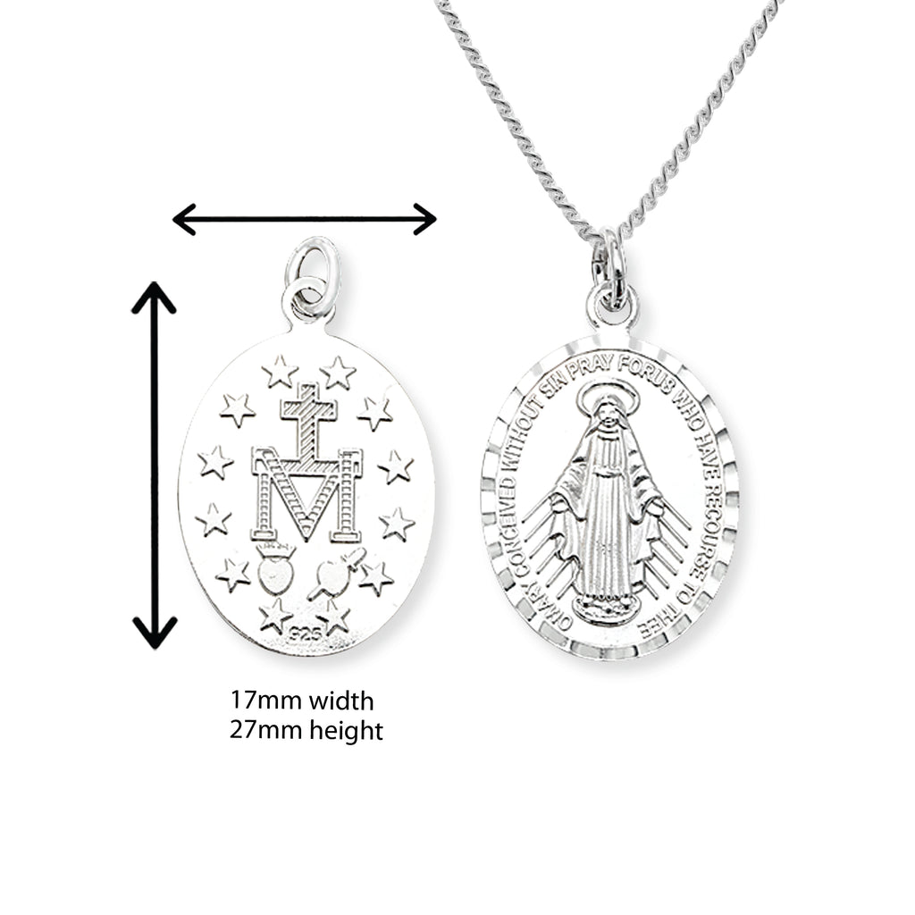 Sterling Silver Miraculous Medal Necklace with Diamond Cut Edge. Hypoallergenic Sterling Silver Jewellery by Aeon