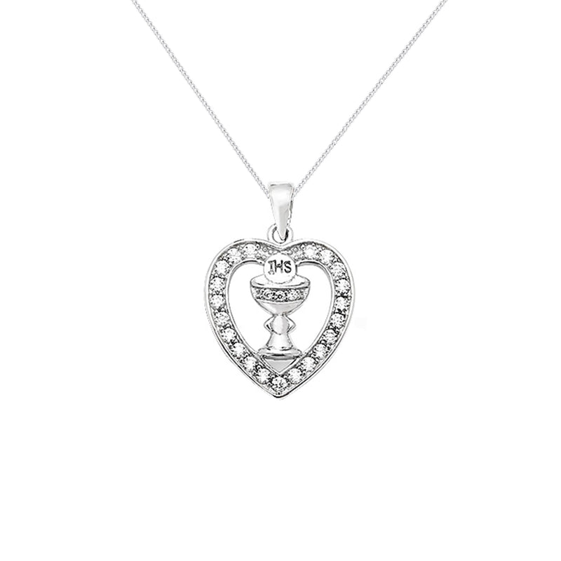 Sterling Silver Heart with Host Chalice Pendant Necklace - Hypoallergenic Sterling Silver Jewellery by Aeon - 23mm * 16mm