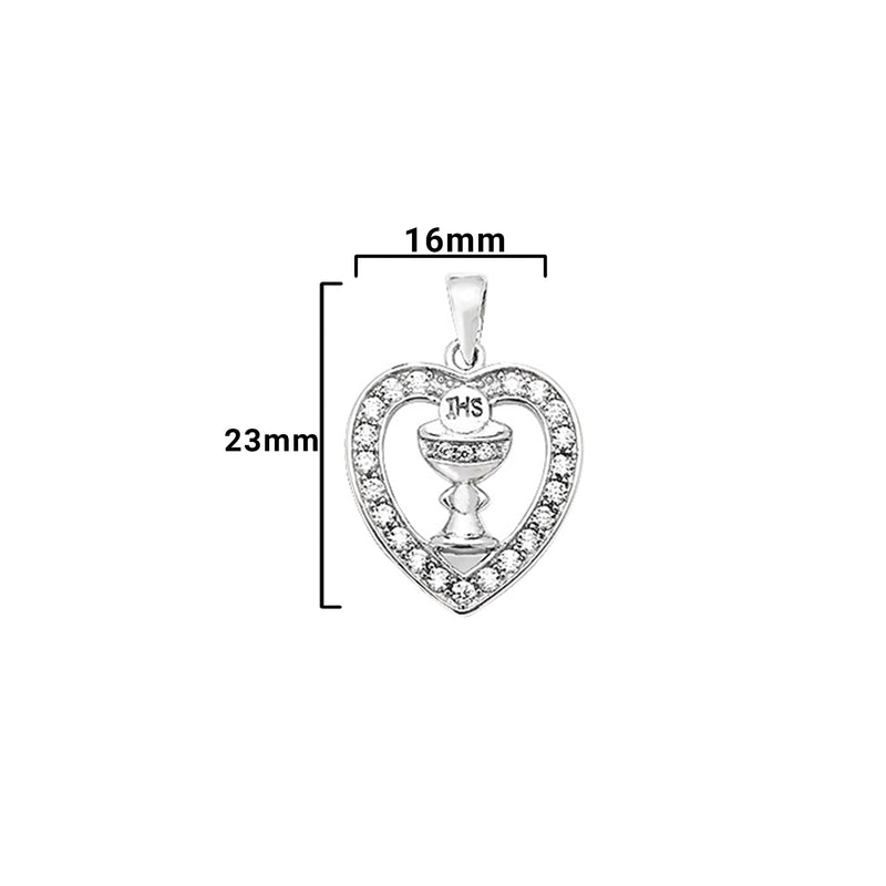 Sterling Silver Heart with Host Chalice Pendant Necklace - Hypoallergenic Sterling Silver Jewellery by Aeon - 23mm * 16mm