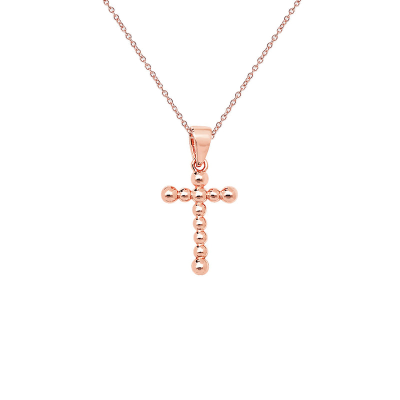 Sterling Silver Rose Gold Beaded Cross Necklace - Hypoallergenic Sterling Silver Jewellery by Aeon - 25mm * 14mm