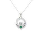 Sterling Silver Claddagh Necklace with Green Cubic Zirconia -  Hypoallergenic Jewellery for Ladies - 20mm * 12mm