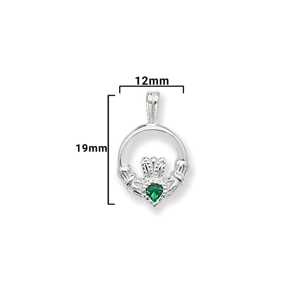 Sterling Silver Claddagh Necklace with Green Cubic Zirconia -  Hypoallergenic Jewellery for Ladies - 20mm * 12mm