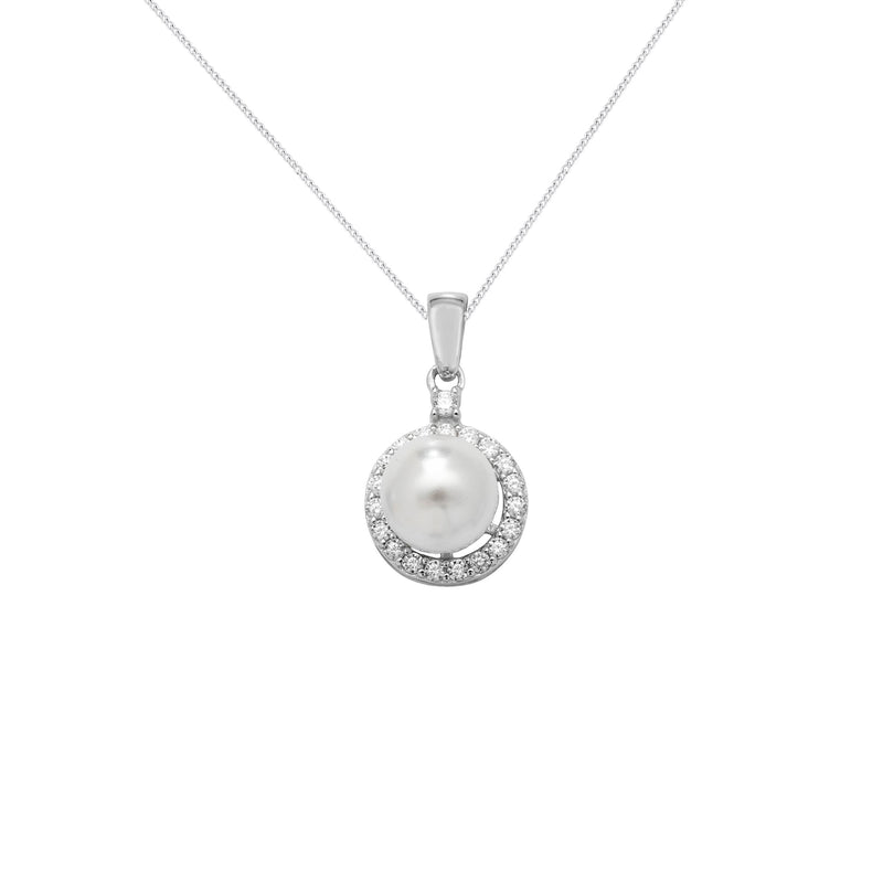 Sterling Silver Pearl Pendant with Cubic Zirconia Surround, Hypoallergenic Sterling Silver Jewellery by Aeon