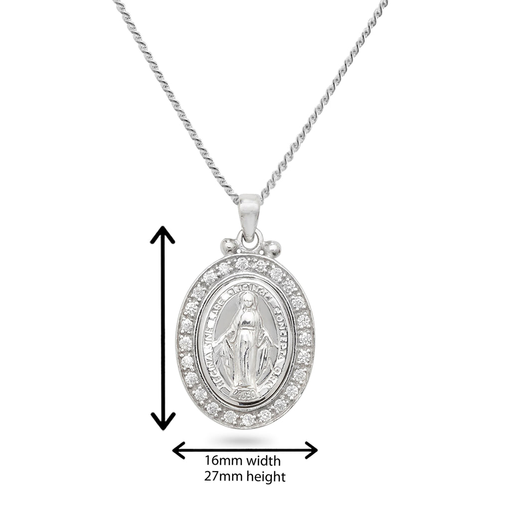 Sterling Silver Miraculous Medal Necklace with Cubic Zironcia. Hypoallergenic Sterling Silver Jewellery by Aeon