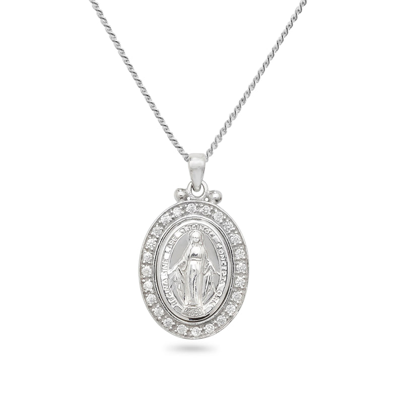 Sterling Silver Miraculous Medal Necklace with Cubic Zironcia. Hypoallergenic Sterling Silver Jewellery by Aeon