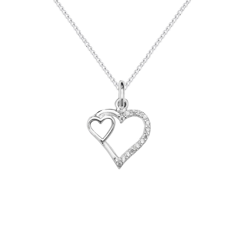 Sterling Silver Two Hearts With Pave Detail Necklace - Hypoallergenic Sterling Silver Jewellery by Aeon - 20mm * 15mm