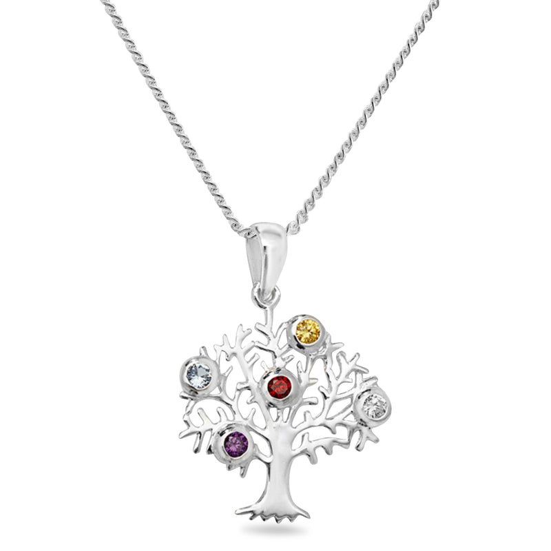 Sterling Silver Tree of Life Necklace set with Coloured Cubic Zirconia's. Hypoallergenic Sterling Silver Jewellery by Aeon