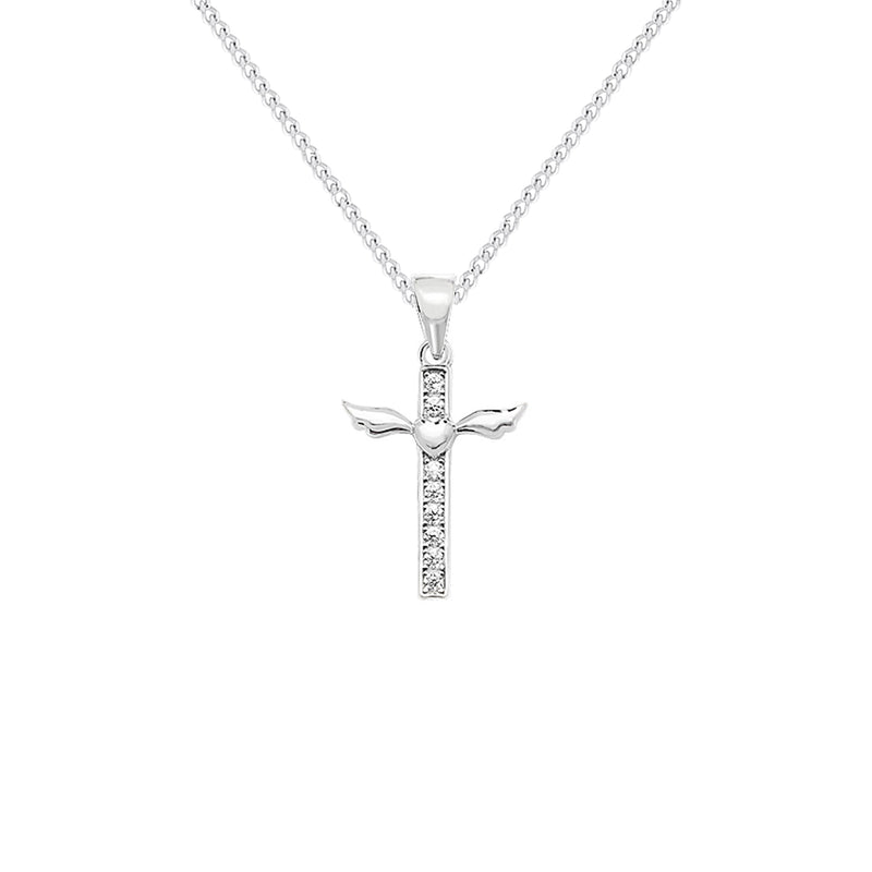 Sterling Silver Cubic Zirconia Cross With Heart Necklace - Hypoallergenic Sterling Silver Jewellery by Aeon - 26mm * 16mm